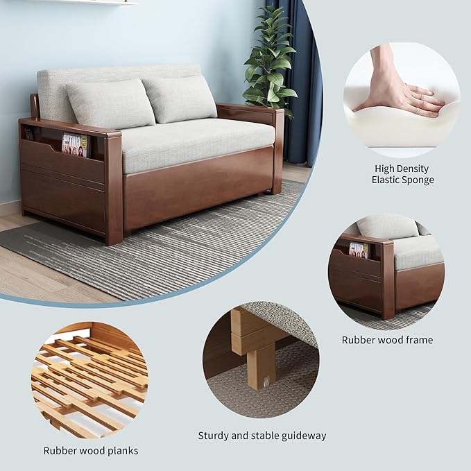 59 Convertible Sofa Sleeper with StorageGrey Cushion Sectional Sleeper Sofa with Reversible ChaiseSolid Wood Sofa Bed 3 in 1 Pull Out Couch Bed for Living RoomApartment (Walnut (Color))
