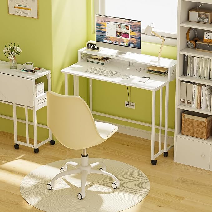 Gezen Folding Desk with Storage Shelf Mobile Couch Desk Sofa Side Table Bed for Home Office Small Space White Marble 31.5
