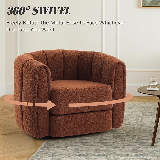 SUNWAVE Swivel Accent Chair 360-degree Swivel Barrel Chair with Teddy Upholstery Comfy Pumpkin-Shaped Accent Chair for Living Room Bedroom or Office (1 Brown 37)