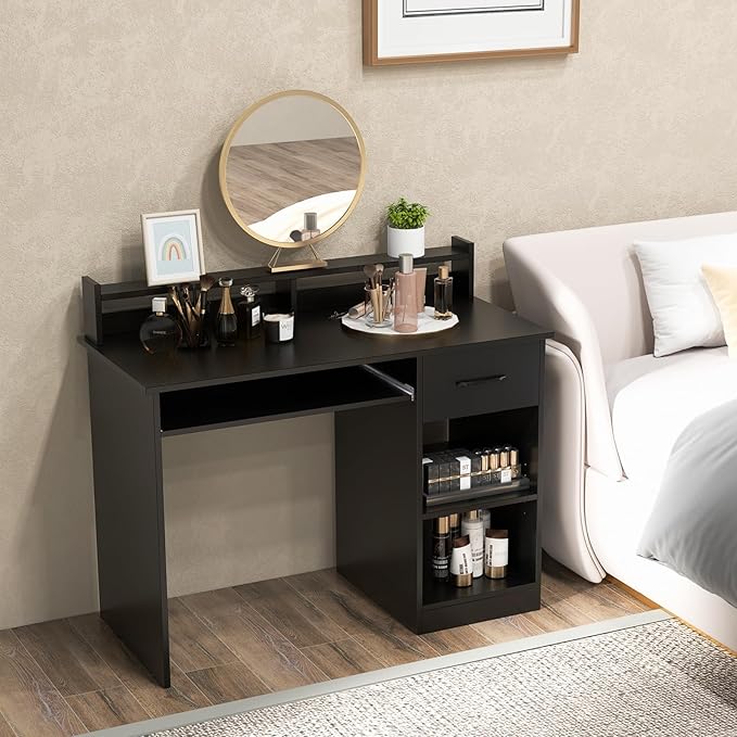 Computer Desk with Drawers Study Table with Storage Shelves Keyboard Tray Wood Makeup Vanity Table Small Desk for Bedroom Study Living Room Home Office (Black 35.5''H)