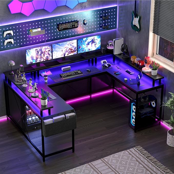GarveeHome U Shaped Desk with Power Outlets &amp LED Lights 79 in Reversible L Shaped Desk Corner Computer Desk Office Desk with Full Monitor Stand Black