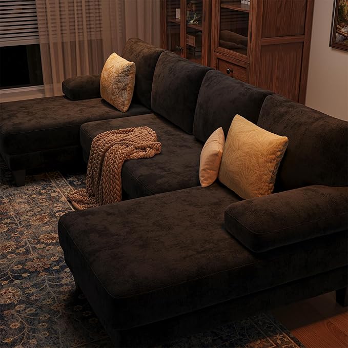 Sectional Couches for Living Room | 112 Inch U-Shaped Sectional Couch | 4 Seat Sofa Set with Double Chaise for Apartment | Black Chenille