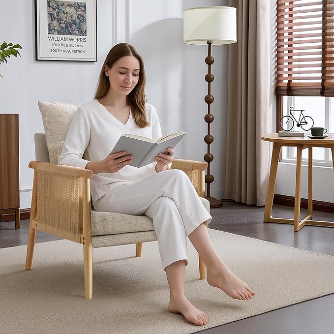 Karl home Cozy Chenille Accent Chair with Lumbar Pillow &amp Rattan Arms Modern Lounge Chair for Living Room Bedroom Reading Nook Gray