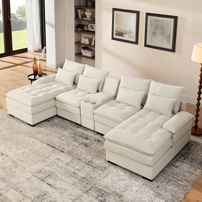 130 U Shaped Cloud Couch Modular Sectional Sofa with Chaise Lounge Comfy Fluffy Cloud Sectional Couches for Living Room Modern Modular Sofa with Central Console (Beige)