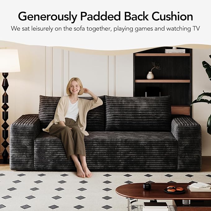 63 Small Space Boneless Modular Couch with Corduroy Memory Foam Deep Seat - Cloud - Comfy No Assembly Required Sofa for Living Room Bedroom &amp Apartment (Black 63 inch)