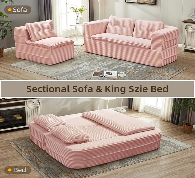 Sleeper Sofa with Chaise Lounge Convertible Sectional Couch Bed Plush Corduroy 3-Seat Sofa with Blanket Deep Seat King Size Sleeper for Small Apartment No Assembly Required (Pink)