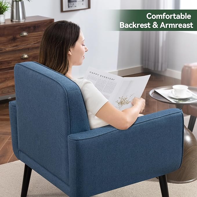Mid Century Accent Chair Fabric Modern Chair with Wooden Frame Cozy Armchair Reading Chair with Comfy Back for Apartment Living Room Bedroom Waiting Room Small Space Corner Blue