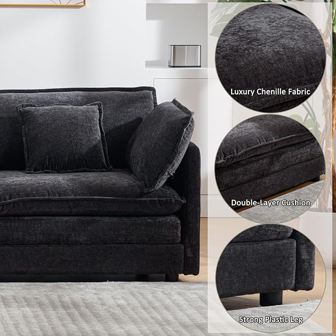 111.5 Oversized Deep Seat Sectional Sofa Black Modern Chenille Cloud Couch Large 3 Seater Modular Sofa with 5 Pillows for Living Room Bedroom Apartment Office