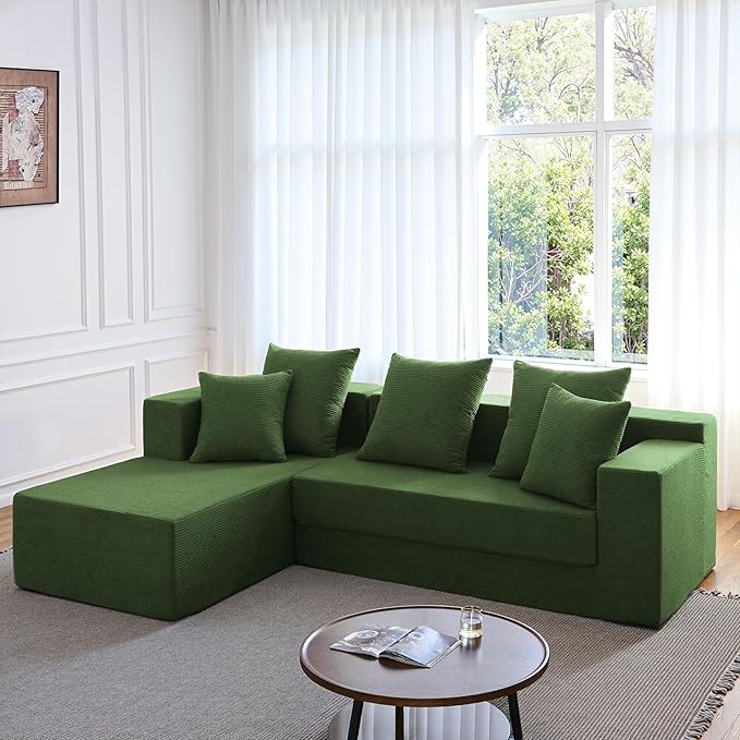 YINIX 106 Modular Sectional Sofa Modern Cloud Couch with L-Shape Chaise Upholstered Boneless Couches with Deep Seat Comfy Corduroy Sofa for Living Room Bedroom No Assembly (Green)