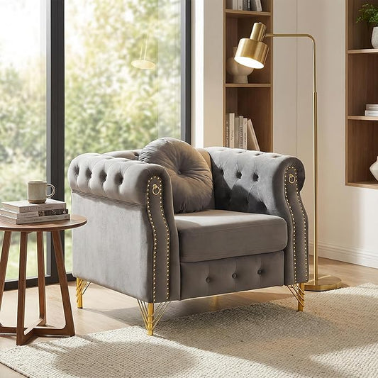 37 Velvet Chesterfield Single Sofa Sets with Two Pillows Featuring Copper Stud Detailing (Grey 37 Single Sofa)