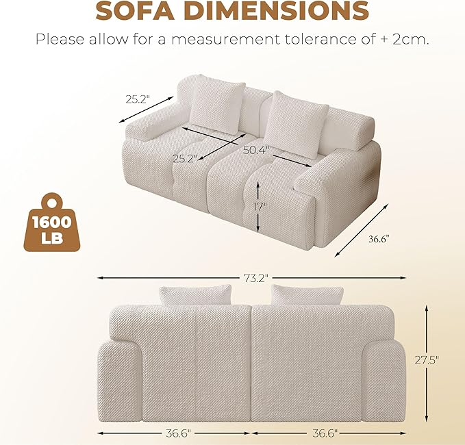 73 Modern Modular Sectional Sofa 2 Seater Convertible Chenille Cloud Couch Sofa Set Boneless Couches for Living Room with Ottoman No Assembly Required White