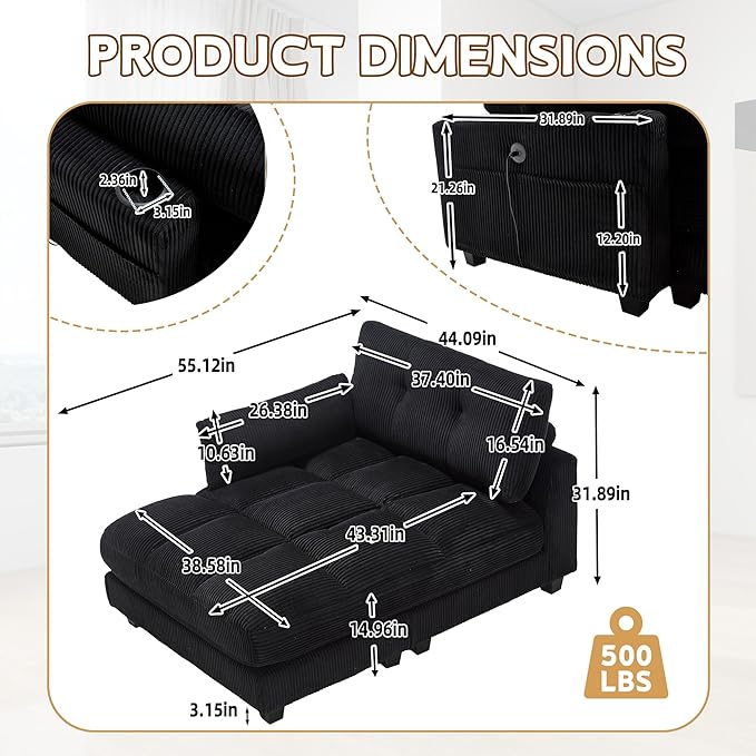 Oversized Lounge Chaise Convertible Sleeper Sofabed Corduroy Sleeper Daybed Indoor Recliner Chair Sofa Bed with Cupholders and Adjustable Headrests for Living Room Bedroom Reading Home Apartment