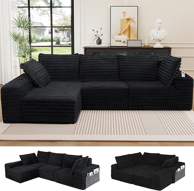 Cloud Boneless Sofa Oversized Modular Sectional L-Shape Sofa with Chaise High Backrest Corduroy Fabric Couch with USB Charging Ports Cup Holders &amp Pillows for Living Room (Black)