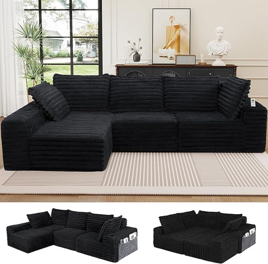 Cloud Boneless Sofa Oversized Modular Sectional L-Shape Sofa with Chaise High Backrest Corduroy Fabric Couch with USB Charging Ports Cup Holders &amp Pillows for Living Room (Black)