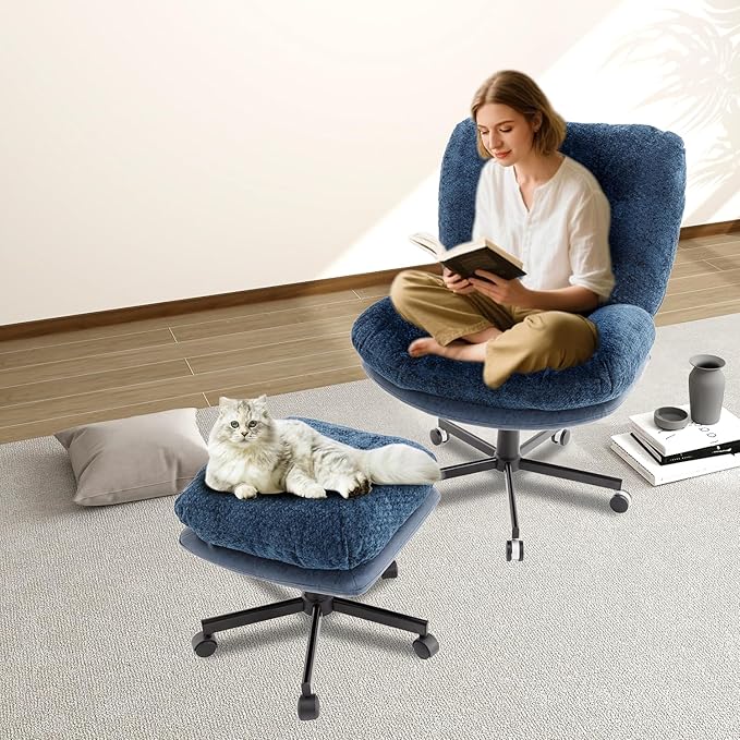 Oversized Swivel Accent Chairs with Ottoman for Living Room Bedroom Extra Wide Rocking Swivel Criss Cross Chair with WheelsBlue