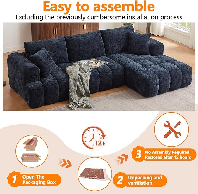 Luxury 108 L Shape Boneless Couches for Living Room Chenille Modular Sectional Cloud Sofa Couch W/Deep Seat &amp Pillows Memory Foam Couch W/Oversized Chaise (Blue Right Facing Chaise)