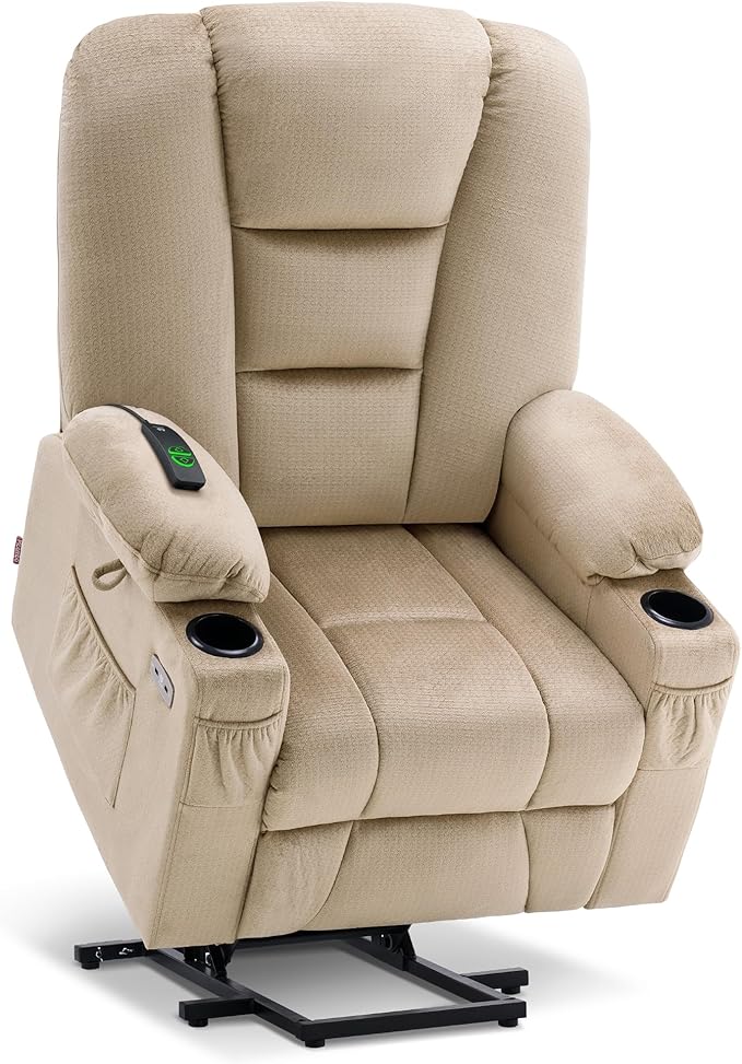 MCombo Large Power Lift Recliner Chair Sofa with Massage and Heat for Big and Tall Elderly People 3 Positions Cup Holders and USB Ports Fabric 7549 (Large Beige)