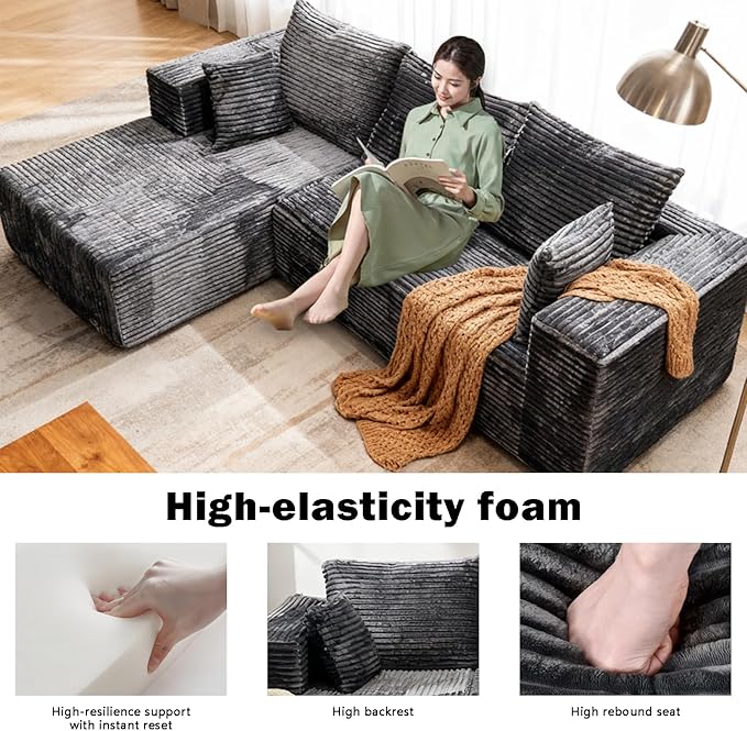 106-Inch Cloud Sectional Couch Couches for Living Room Corduroy Couch Highly Elastic Memory Foam Suitable for Living Room/Apartment/Bedroom (Gray to The Left)