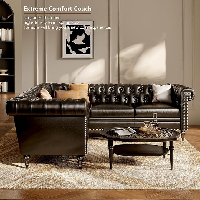 85 Chesterfield Sectional Sofa L Shaped Convertible Faux Leather Couch with Tufted Nailhead &amp Rolled Arms 5-Seater leather sectional couches for living room Apartment Office Classic Black