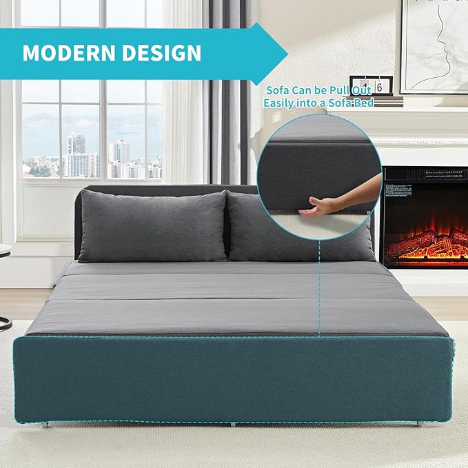 CECER 64.2 Queen Size Pull Out Sofa Bed Pull Out Couch Bed with 2 Pillows Linen Convertible Sleeper Sofa with Comfy Mattress 2 in 1 Armless Loveseat Sleeper for Living Room-Dark Grey