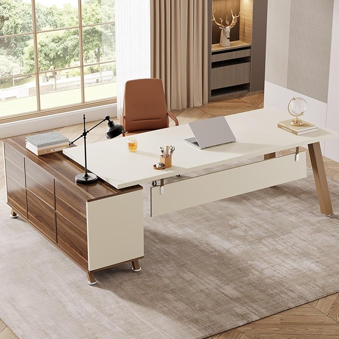 Tribesigns 78.7-Inch Executive Desk L-Shaped Desk with 55-Inch Cabinet Large Office Desk with Storage Shelves Modern Computer Desk for Home Office White &amp Walnut