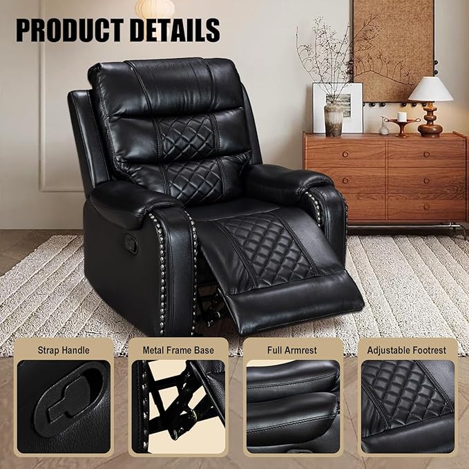 Manual Rocking Recliner Chair 36 Wide Black PU Leather with Diamond Stitching 350 lbs Capacity 90-165° Recline (Black)