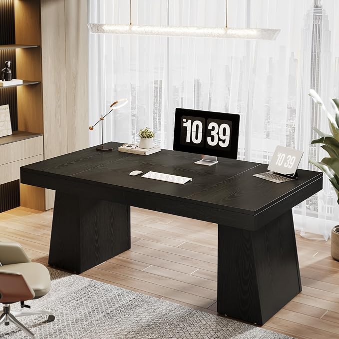 Tribesigns 55-Inch Executive Desk Thick Wood Office Computer Desk with Double Pedestal Modern Minimalist Workstations Writing Table Conference Table Furniture for Home Office Black