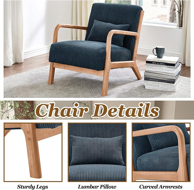 Midcentury Modern ChairWooden Blue Accent Chair with PillowCorduroy Arm Chair for Living RoomBedroomSmall Rooms (Blue)