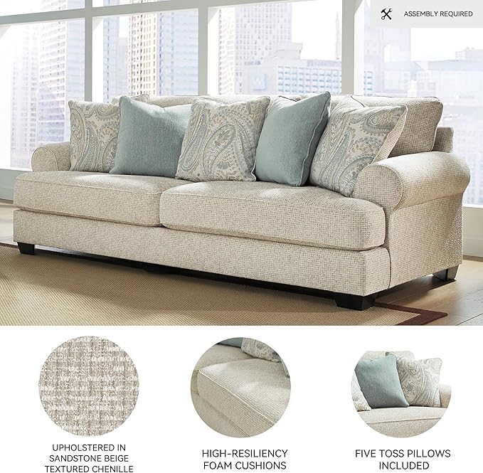 Signature Design by Ashley Monaghan Vintage Sofa with Accent Pillows Reversible Cushions and Rolled Arms Beige
