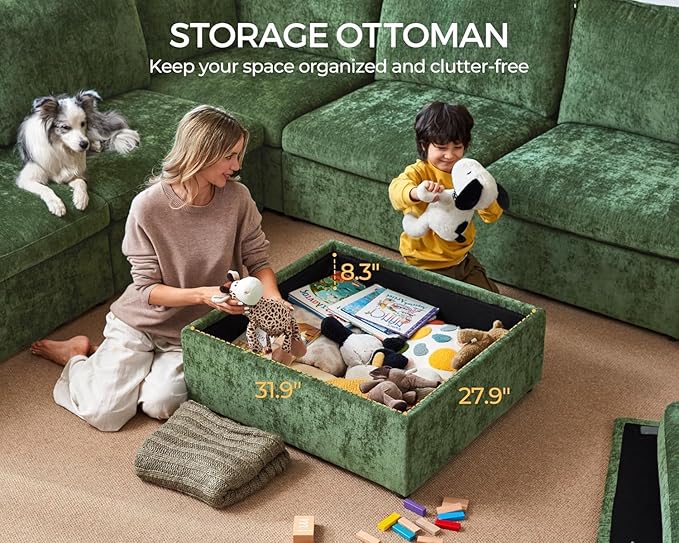 Storage Ottoman Module for Olar Oversized Modular Sectional Sofa Wide Cloud Couch Cushion Covers Removable Freely Combined with Other Modules by U-connectors Chenille Green