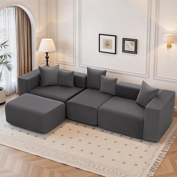 117” Boneless Cloud CouchSectional Modern 4 Seater L-Shaped Sleeper Sofa CouchesNo Assembly Modular Corduroy Convertible Sponge Compression Sofas with Chaise and Ottoman for Living Room(Grey)