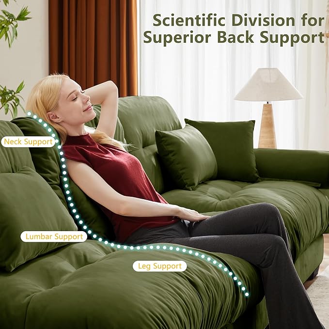 KEIKI 166 L-Shaped Oversized Velvet Modular Sectional Sofa with 1 Ottoman High-Density Foam Cushions and Bolstered Armrests Upholstered 4-Seater Cloud Couch with 6 Pillow for Living Room Green