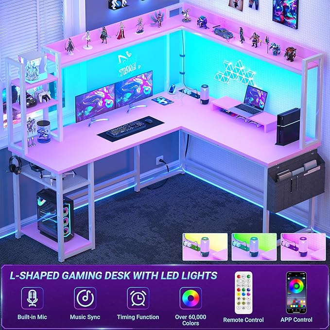 Aheaplus L Shaped Desk with Power Outlet L Shaped Gaming Desk with Led Light &amp Hutch Reversible Home Office Desk Corner Computer Desk with Monitor Stand &amp Storage Shelves Pink