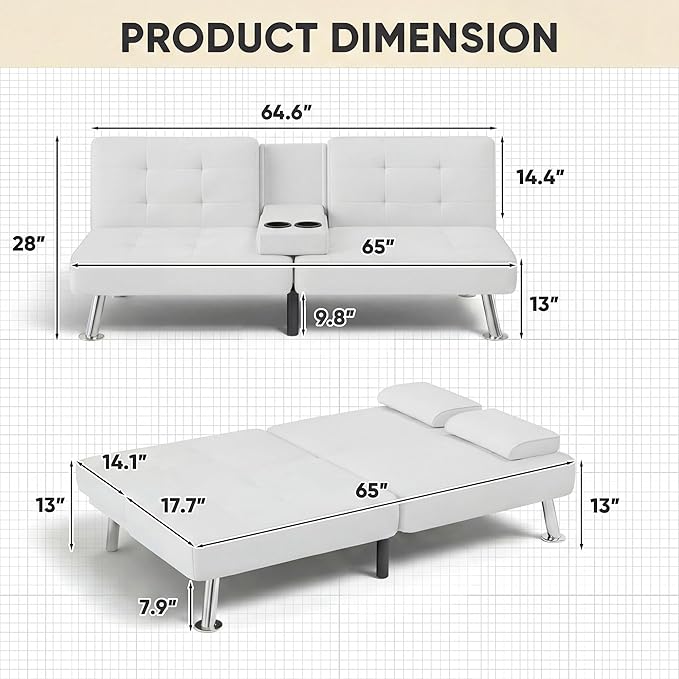 YESHOMY Modern Futon Sofa Bed Convertible Futon Couch with Adjustable Backrest Futon Loveseat Sleeper Sofa Bed with Armrest for Living Room Small SpacesPU Leather White