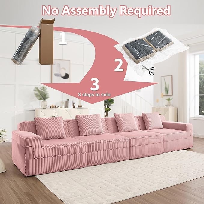 153.5 Boneless Sectional Couch for Living RoomCorduroy Cloud Sofa with Deep Seats and Wide Armrests Memory Foam Sofa 4 Seater Pink Sofa for Apartments