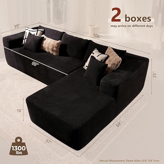 106 Modular Cloud Sectional Sofa Couch - L Shaped Lounge Couches for Living Room with ChaiseMdoren Minimalist Sleeper SofaDeep SeatNo Assembly Required (BlackCorduroy Right Facing Chaise)