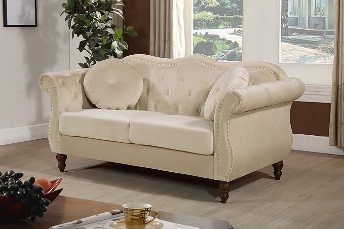 Anna1 Chesterfield Velvet Couches for Living Room Button Tufted Luxury Upholstery with Rolled Arms High-Density Foam Durable Wood Frame 65.5 Loveseat Alabaster