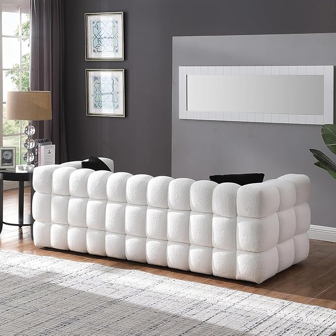 Comfy Marshmallow Loveseat Sofa3 Seater Boucle Cloud Couch with 2 Pillows Upholstered Love Seat with Throw Pillows Modern Living Sofa or Office Waiting Room (White)