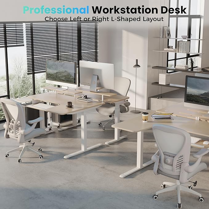 EUREKA ERGONOMIC 55 Inch L Shaped Electric Standing Desk Height Adjustable Computer Gaming Desk with Keyboard Tray Mouse Pad Home Office Work Maple Wood Left Side