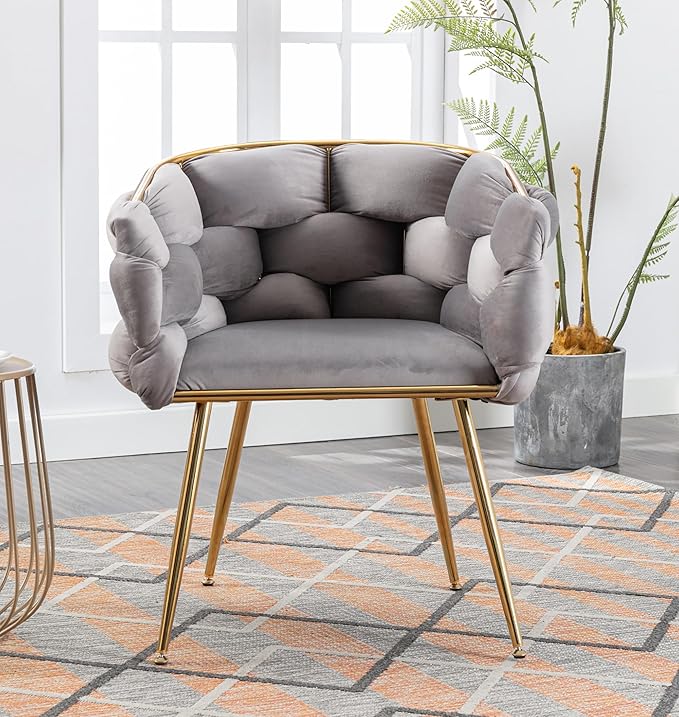Luxury Velvet Accent Chair with Gold LegsModern Stylish Cosmetic Chair for Desk Living Room or BedroomComfortable Single Sofa Chair for Home Office (Gray)