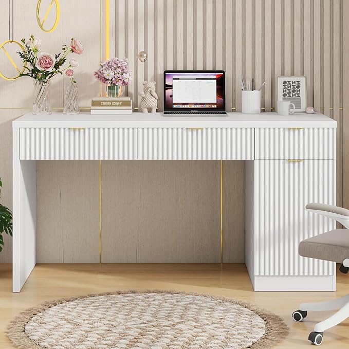 60 Executive Desk with Fluted Drawers Wood Home Office Desk with Storage Cabinet Fluted Reversible Computer Writing Desk for Study Living RoomWhite