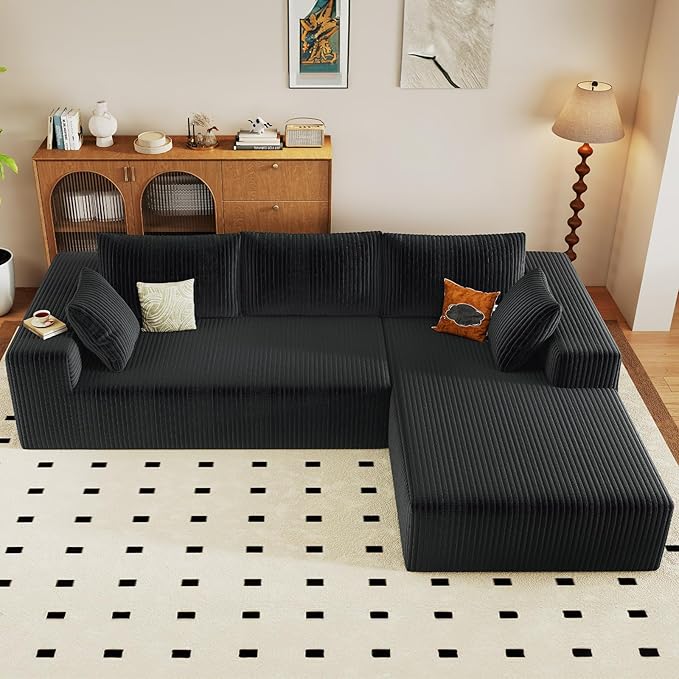 96 Modular Sectional Sofa Modern Corduroy Cloud Couch with Deep Seat Boneless Couch Upholstered 3-Seater L-Shaped Sofa for Living Room No Assembly Required (Black Right-Facing Chaise)