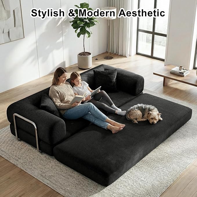 78 Inch Folding Convertible Sofa Bed 4-in-1 Oversized Cloud Corduroy Upholstered Boneless Couch Loveseat Sleeper with Pull Out Bed Modular Futon Floor Sofa Couch for Living Room Bedroom Lounge