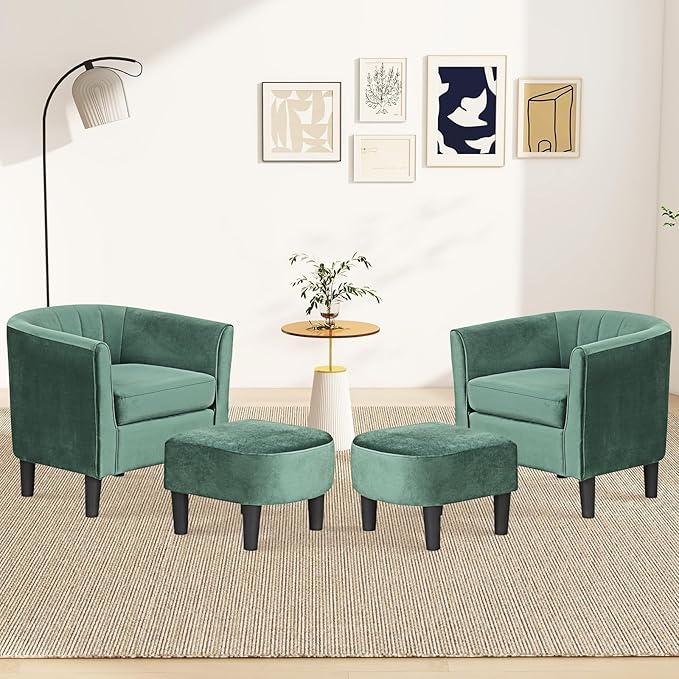 Accent Chair with Ottoman Upholstered Velvet Club Barrel Reading Chair with Footrest Modern Comfy Round Barrel Chairs for Bedroom Living Room Small Reading Spaces (1 Green)