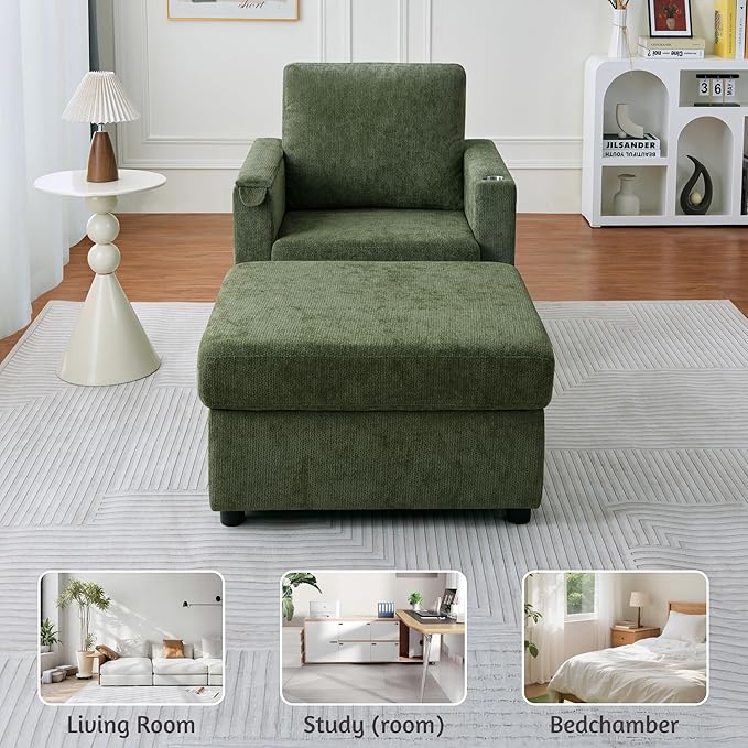 34.25 Accent Chairs with Storage Ottoman Set Upholstered Living Room Chairs for Reading Chair with Chaise Lounge Chairs Indoor Comfortable Armchair for Bedroom (Green 34.25)