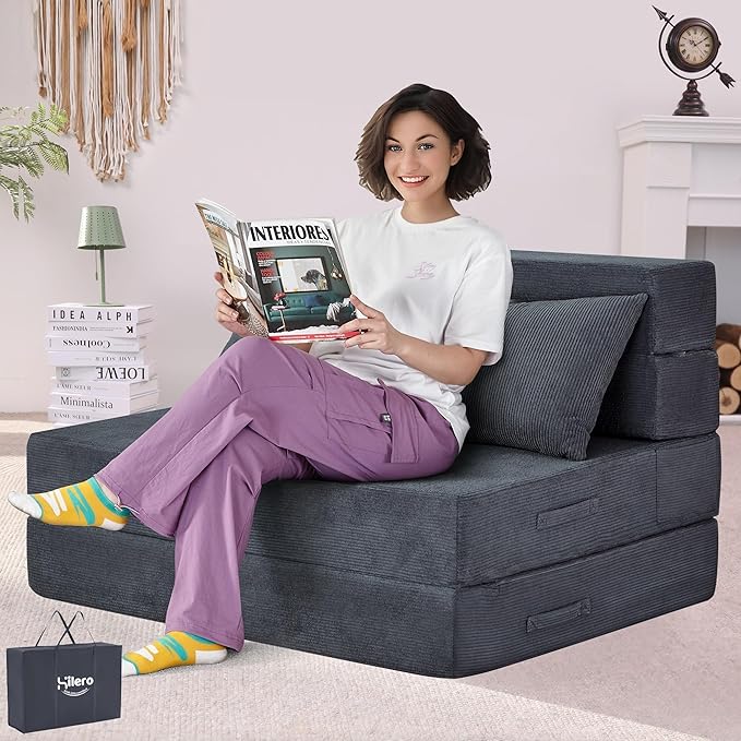Folding Sofa Bed 4 in 1 Convertible Sleeper Chair with Pillow Twin Memory Foam Fold Out Chair Bed Modern Floor Futon Sofa Couch Mattress for Living Room/Guest/Apartment Dark Grey