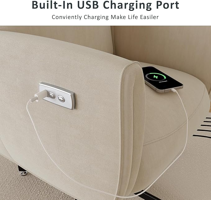 Power Swivel Recliner Chair Modern Electric with USB &amp Type-C Ports Upholstered Velvet Swivel Recliner Chair 360° Swivel for Office &amp Living Room Easy Assembly (Beige)