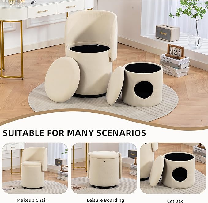 Round Vanity Chair with Storage &amp Cat Bed Stool Upholstered Small Swivel Accent Chair with Hidden Storage Makeup Barrel Chair for Bedroom Living Room (Stripes)