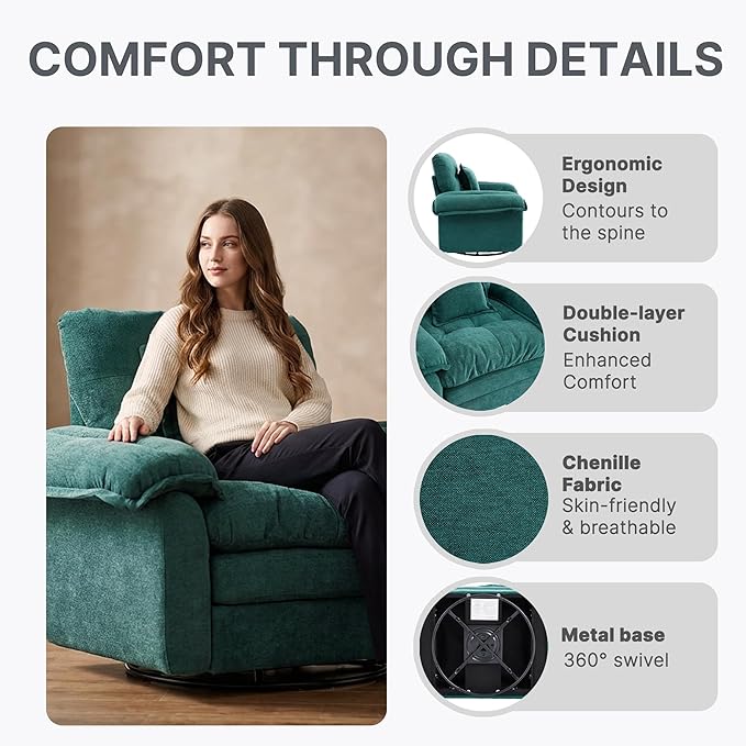 360° Swivel Accent Chair Oversized Plush Modern Chenille Armchair with Padded Seat &amp Back Comfy Spinning Chair for Living Room Bedroom Office (Teal)