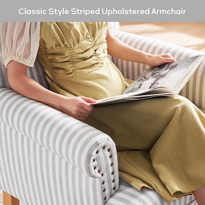 HUIMO Linen Fabric Accent Chairs Set of 2 Mid-Century Modern Armchair with Solid Wood Legs Single Sofa ChairUpholstered Reading Club Chair (2 Light Grey and White Stripe)